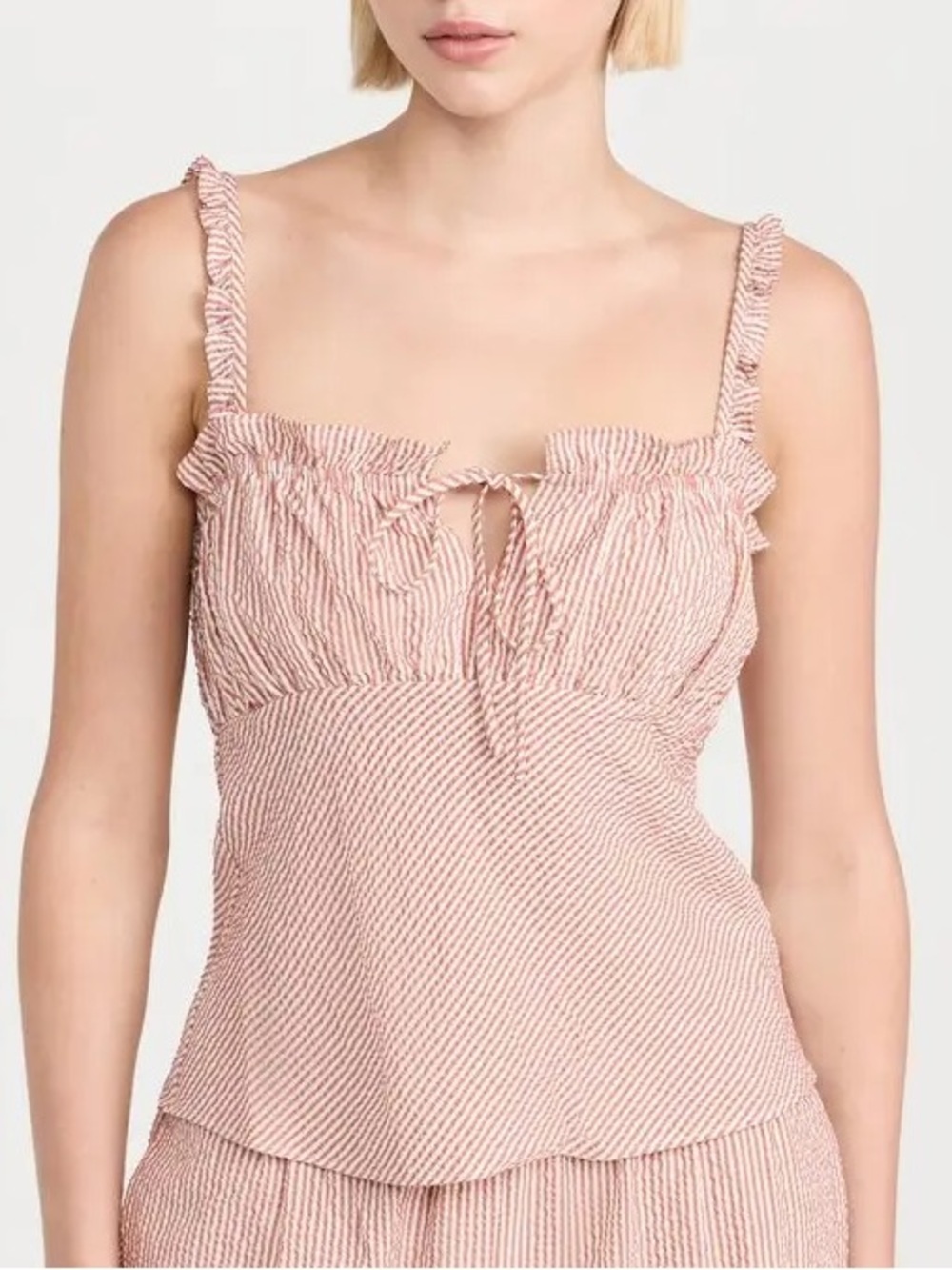 WAYF Amber Ruched Seersucker Stripe Cami Top Rust Ivory XS